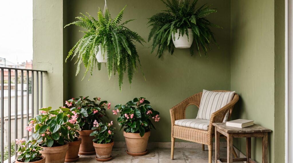 Balcón en sombra con helechos de Boston colgantes, begonias en macetas y un sillón de mimbre