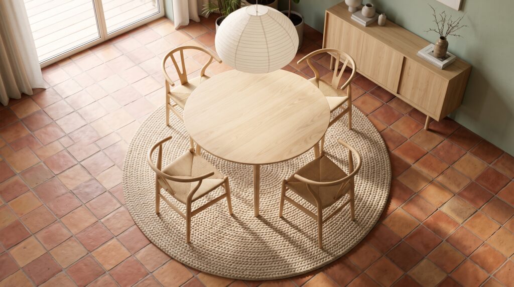 Comedor con mesa redonda de madera clara sobre alfombra redonda de lana color avena
