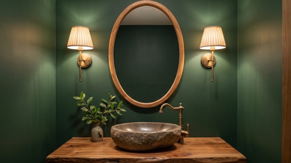 Lavamanos con espejo ovalado y dos apliques de latón a los lados en un baño de paredes verde oscuro