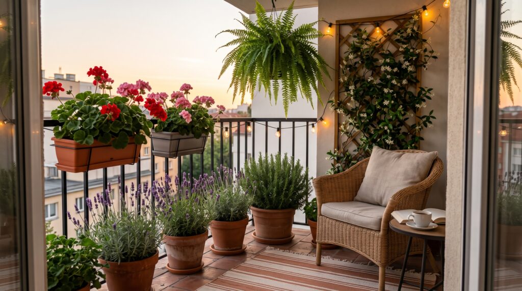 Balcón pequeño con geranios, lavanda, helecho colgante y jazmín trepador junto a un sillón de mimbre al atardecer