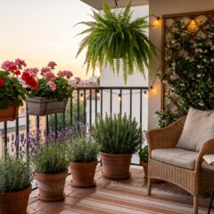 Balcón pequeño con geranios, lavanda, helecho colgante y jazmín trepador junto a un sillón de mimbre al atardecer