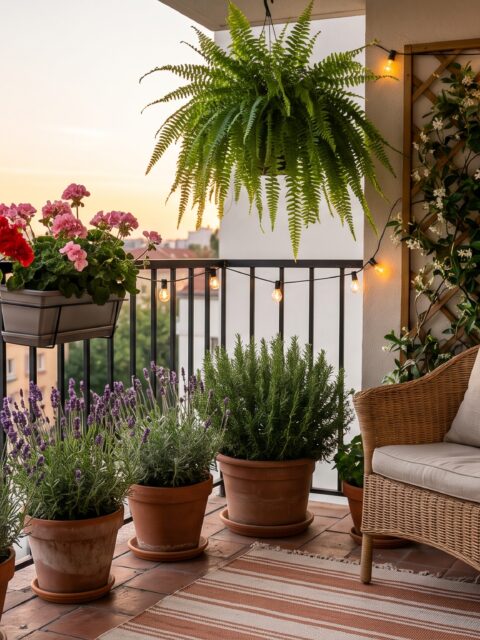 Balcón pequeño con geranios, lavanda, helecho colgante y jazmín trepador junto a un sillón de mimbre al atardecer