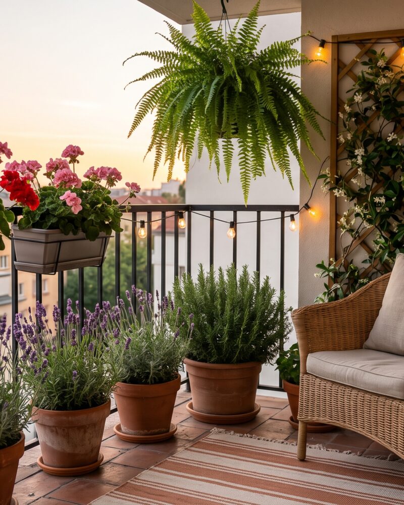 Balcón pequeño con geranios, lavanda, helecho colgante y jazmín trepador junto a un sillón de mimbre al atardecer