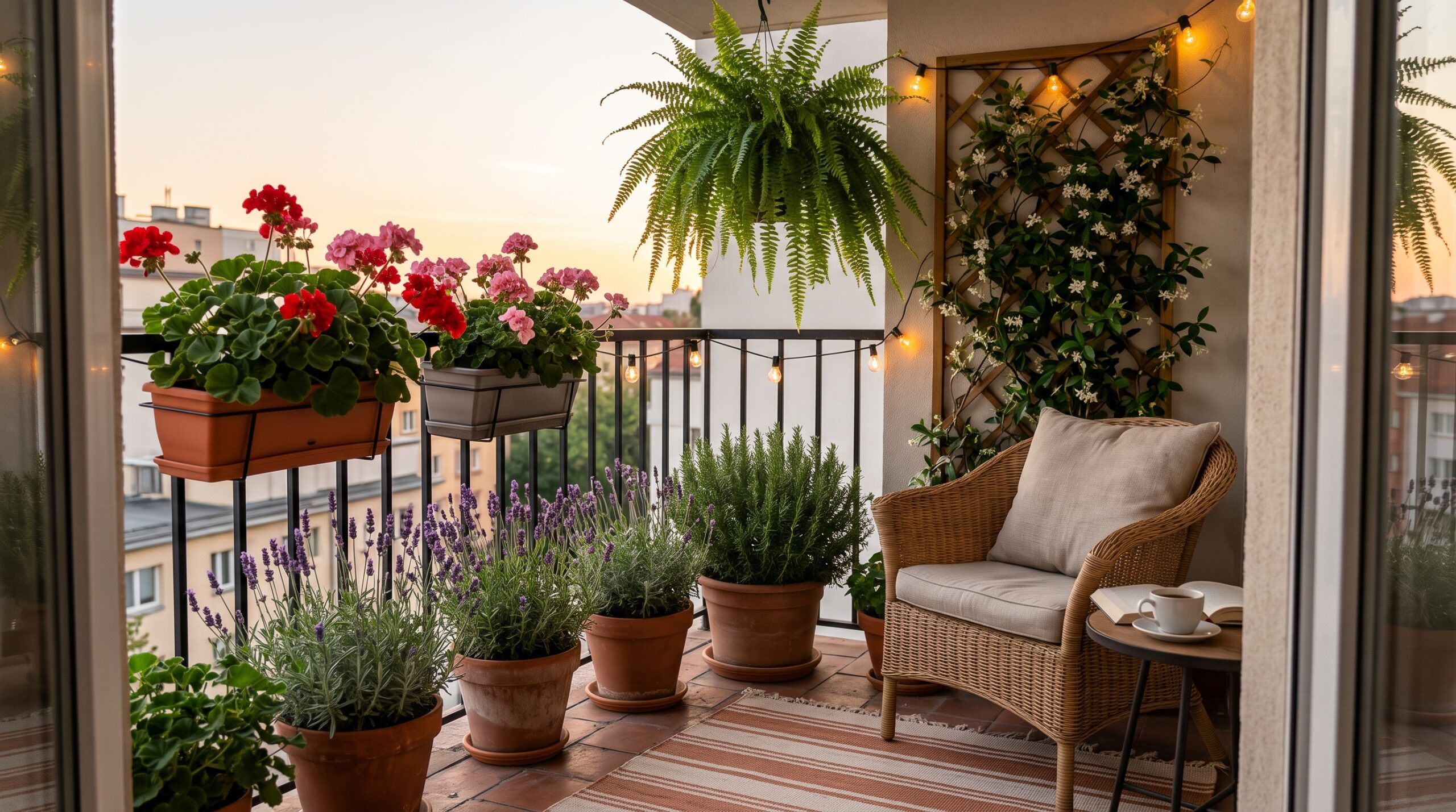 Balcón pequeño con geranios, lavanda, helecho colgante y jazmín trepador junto a un sillón de mimbre al atardecer