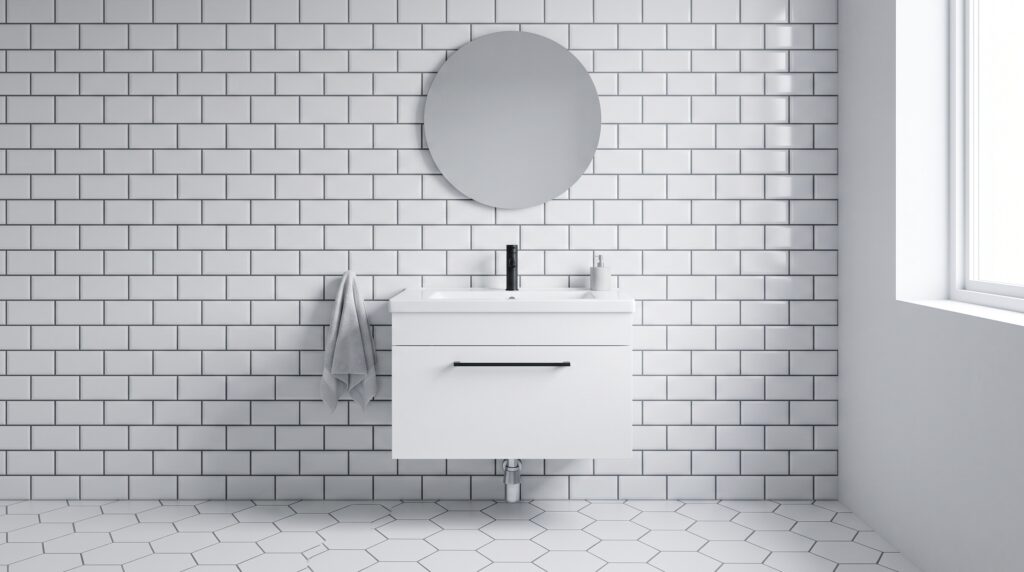 Baño pequeño con azulejos blancos tipo metro y juntas gris oscuro, lavamanos suspendido y espejo redondo