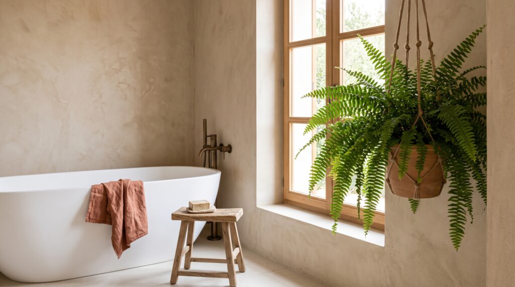 Baño luminoso con un helecho de Boston colgante junto a la ventana y una bañera blanca