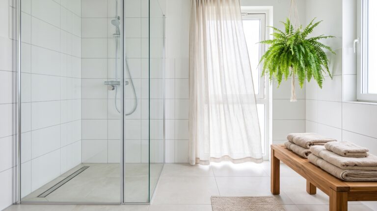 Baño luminoso con ducha de mampara, azulejos blancos limpios y ventana abierta