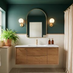 Baño pequeño moderno con paredes verde petróleo, mueble de roble suspendido, espejo arqueado y apliques encendidos