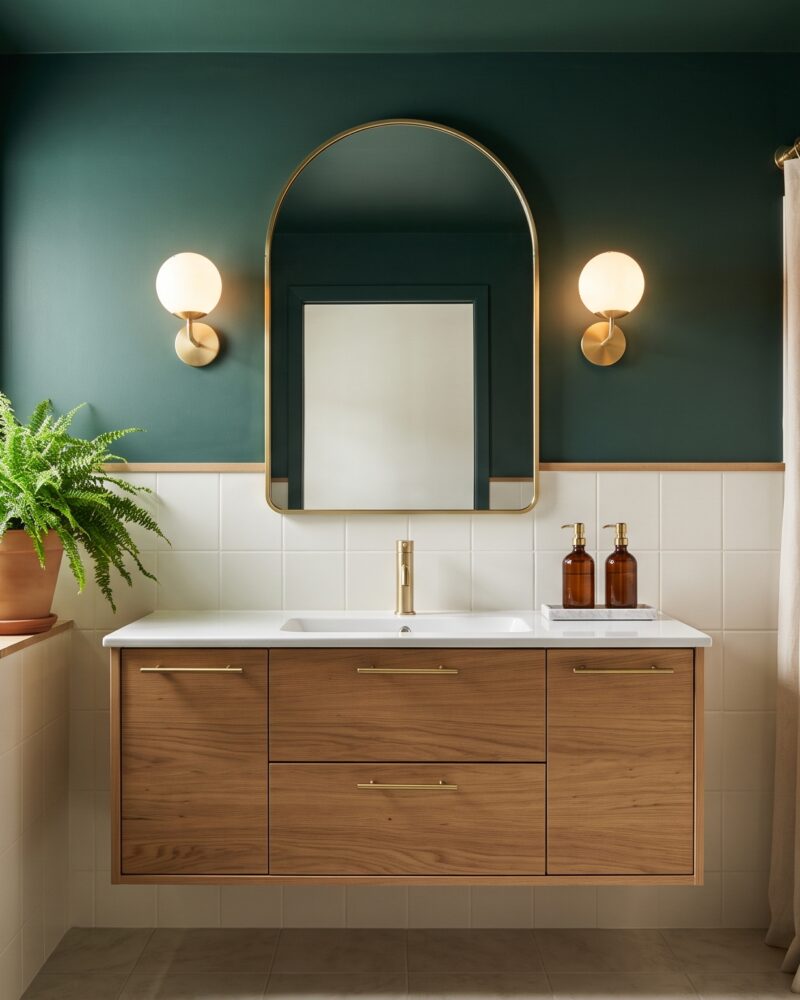 Baño pequeño moderno con paredes verde petróleo, mueble de roble suspendido, espejo arqueado y apliques encendidos
