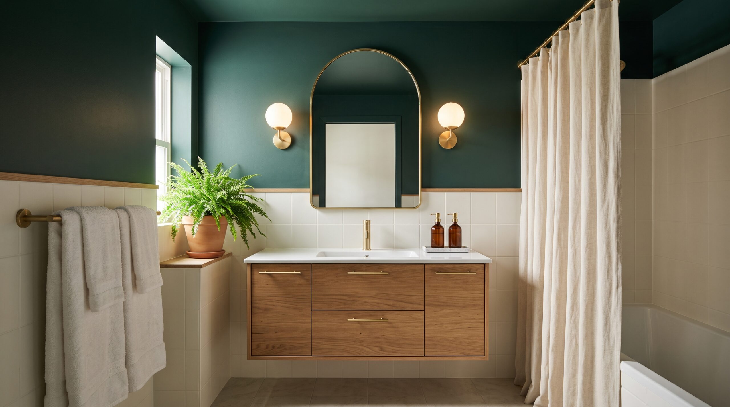 Baño pequeño moderno con paredes verde petróleo, mueble de roble suspendido, espejo arqueado y apliques encendidos