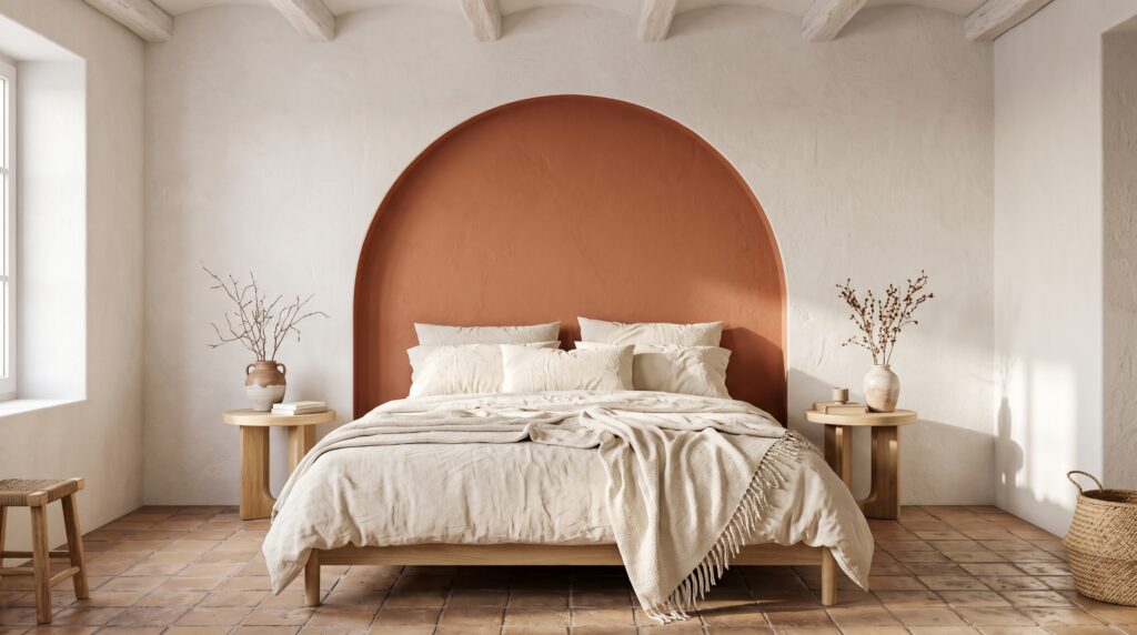Dormitorio matrimonial con cabecero en forma de arco pintado en la pared color terracota y ropa de cama de lino crema