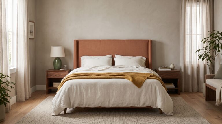 Dormitorio con cama queen y cabecero tapizado de lino color arcilla entre dos mesitas de nogal
