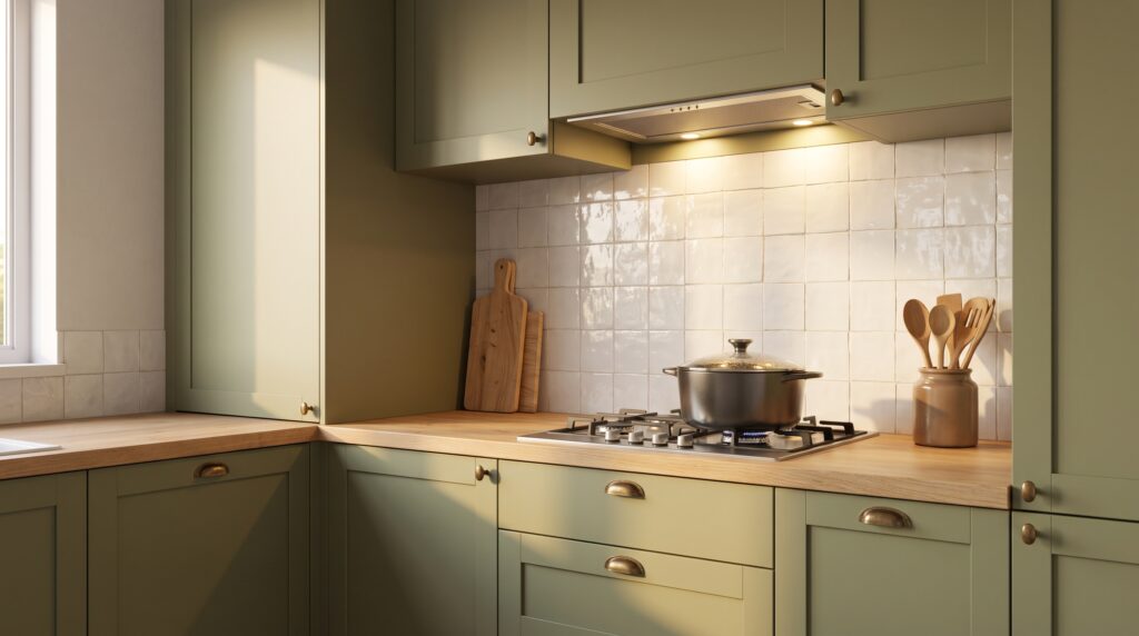 Cocina luminosa y ordenada con la campana encendida mientras una olla cocina al fuego