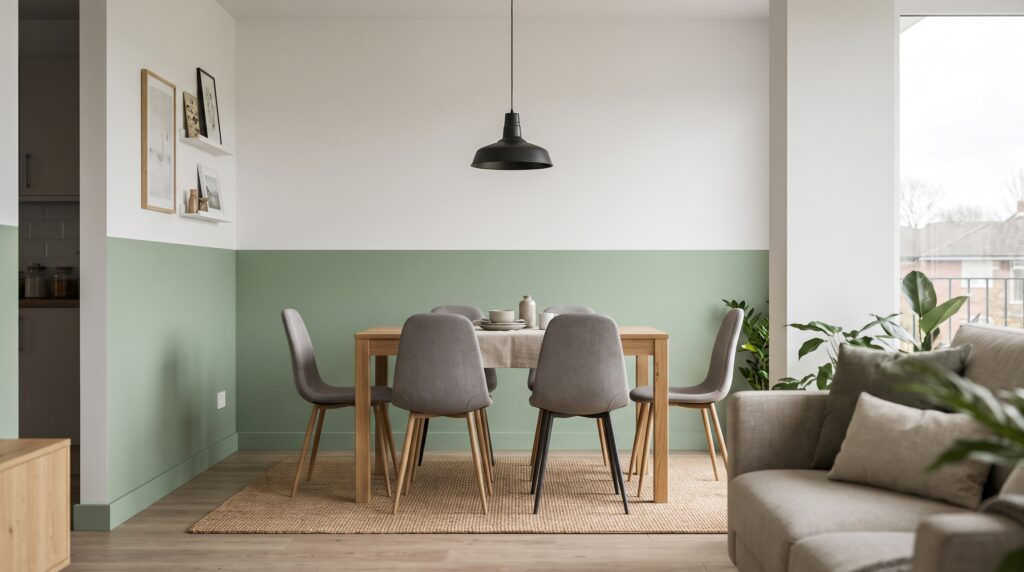 Comedor integrado en la sala con pared pintada a media altura en verde salvia y mesa de madera