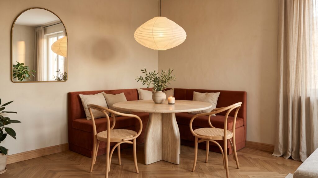 Comedor pequeño con banco en esquina de terciopelo terracota, mesa redonda de travertino y lámpara de papel encendida