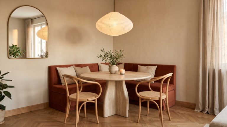 Comedor pequeño con banco en esquina de terciopelo terracota, mesa redonda de travertino y lámpara de papel encendida