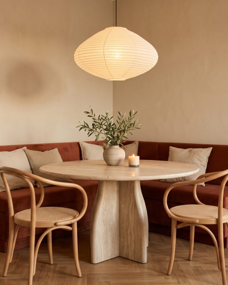 Comedor pequeño con banco en esquina de terciopelo terracota, mesa redonda de travertino y lámpara de papel encendida