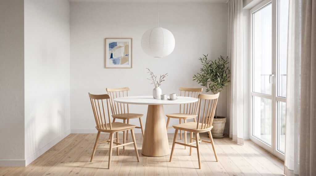 Comedor pequeño con mesa redonda de pie central, sillas de madera clara y lámpara colgante de papel