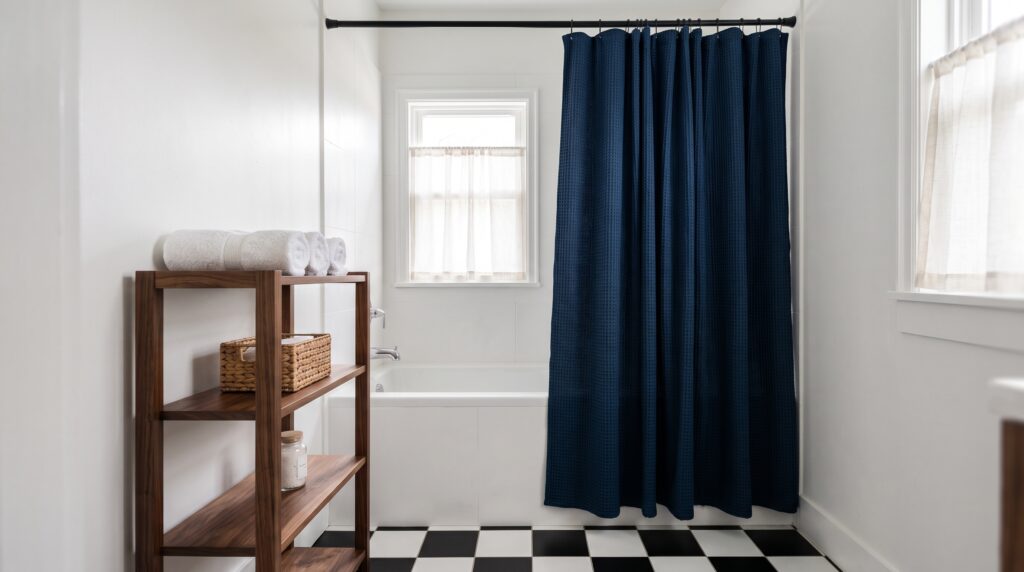 Ducha con cortina de tela de gofre color azul marino y estante de madera con toallas blancas