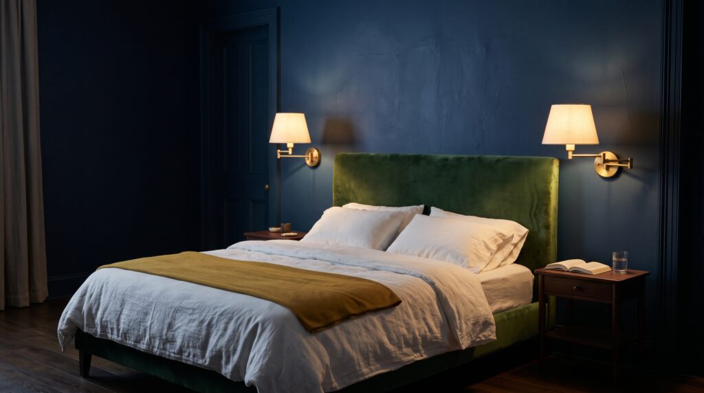Dormitorio matrimonial azul profundo con apliques de pared de latón encendidos a ambos lados de la cama y mesitas de madera