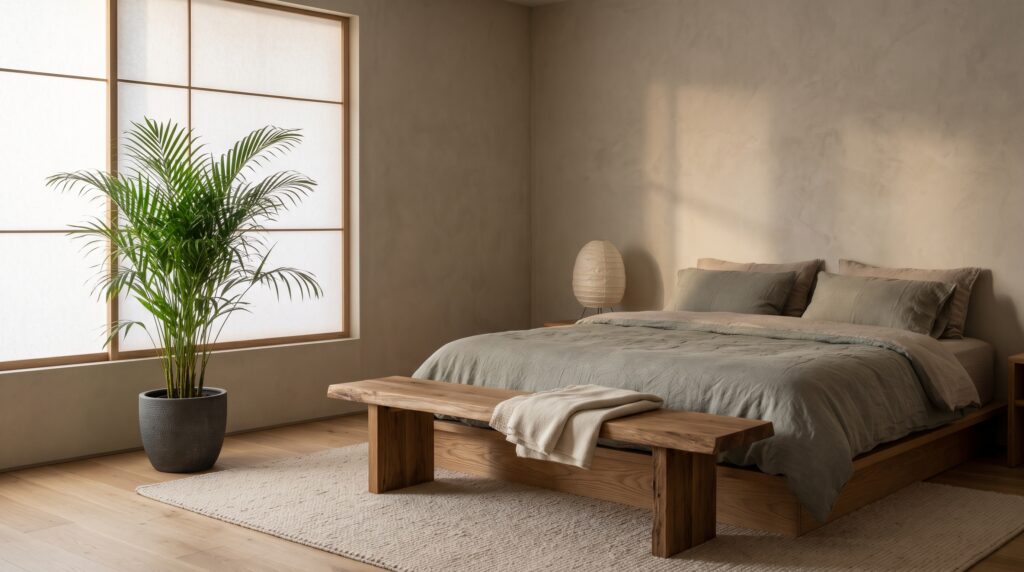 Dormitorio de estilo japandi con banco de madera a los pies de la cama y una palmera de salón en maceta de cerámica junto a la ventana