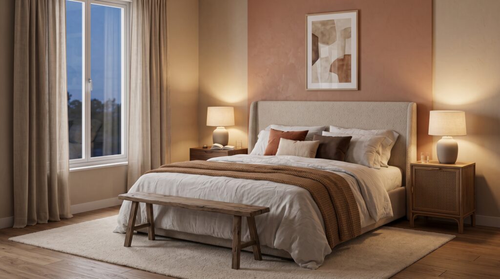 Dormitorio matrimonial acogedor con cabecero tapizado, ropa de cama de lino en capas y lámparas encendidas al anochecer
