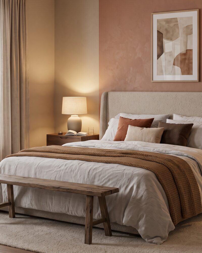 Dormitorio matrimonial acogedor con cabecero tapizado, ropa de cama de lino en capas y lámparas encendidas al anochecer