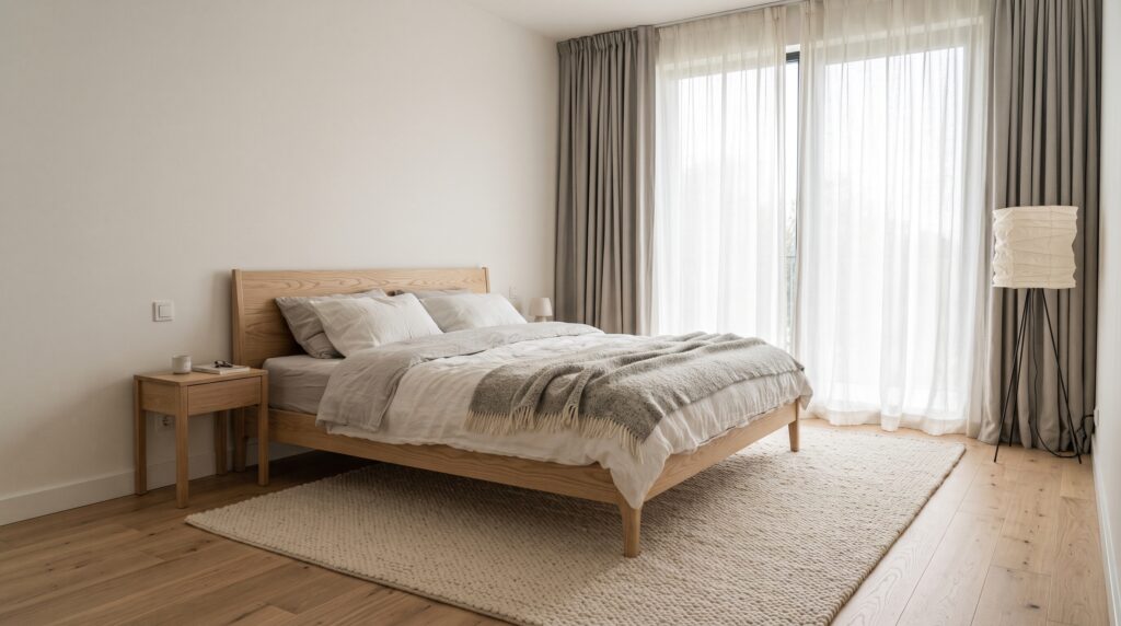 Dormitorio nórdico luminoso con cortinas de lino largas hasta el suelo, alfombra de lana grande bajo la cama y madera clara