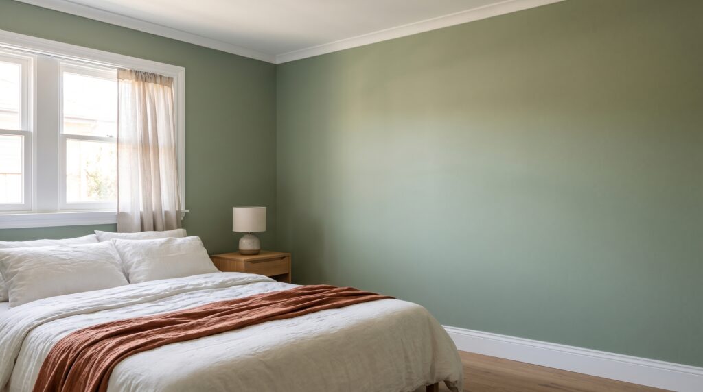 Dormitorio recién pintado en verde salvia con marcos blancos y luz natural de tarde