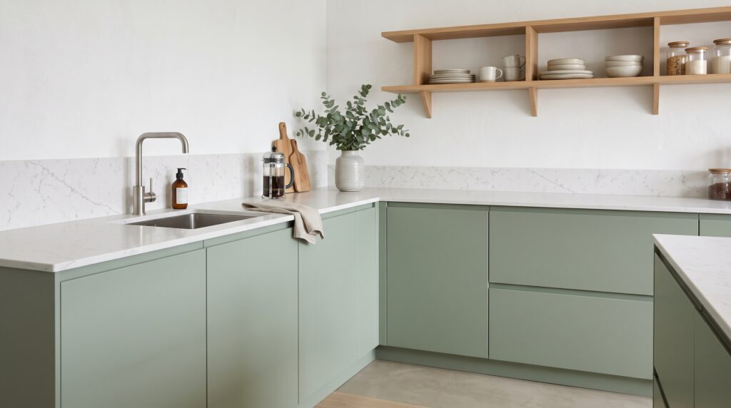 Cocina con encimera de cuarzo blanco con vetas grises y muebles color verde salvia