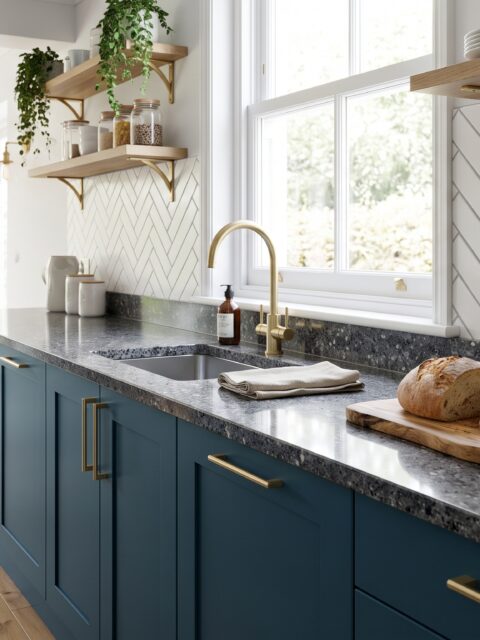 Cocina con muebles azul petróleo y encimera de granito gris oscuro con salpicadero blanco en espiga