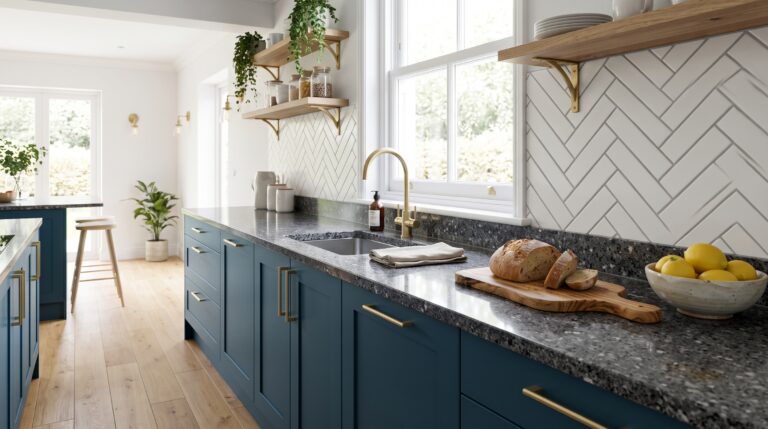 Cocina con muebles azul petróleo y encimera de granito gris oscuro con salpicadero blanco en espiga