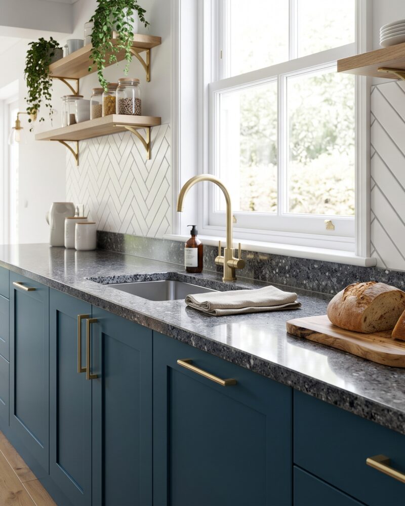 Cocina con muebles azul petróleo y encimera de granito gris oscuro con salpicadero blanco en espiga