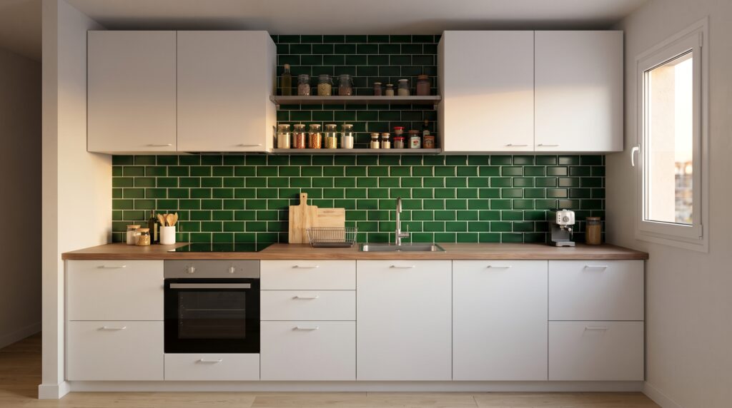 Cocina pequeña con encimera de laminado efecto madera y salpicadero de azulejo verde