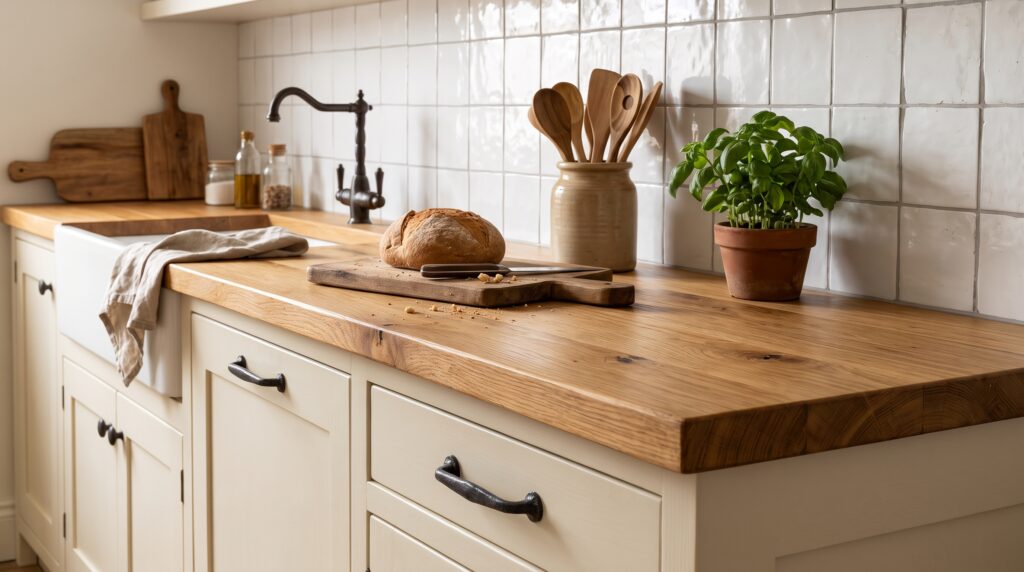 Encimera de madera maciza de roble aceitado en una cocina de estilo rústico con azulejos blancos