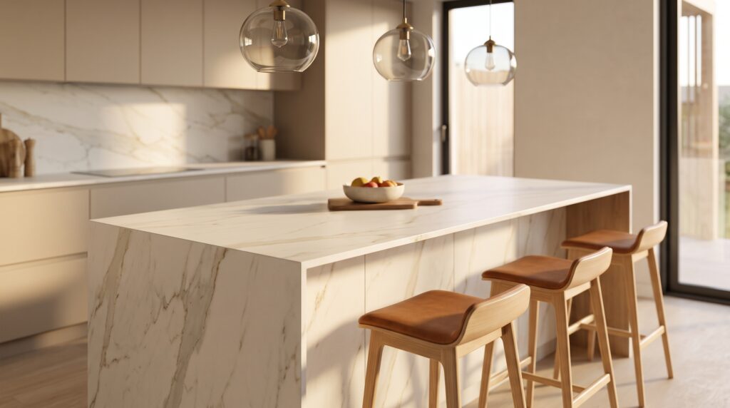 Isla de cocina con encimera de porcelánico efecto mármol calacatta y taburetes de madera