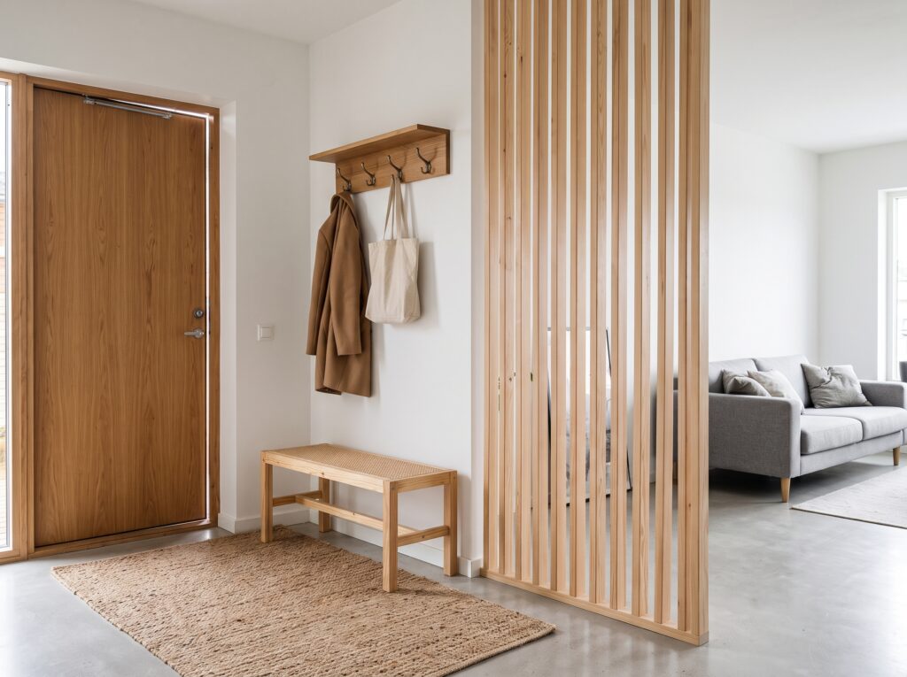 Entrada definida dentro de una sala abierta con alfombra de yute, banco de madera y estante con ganchos