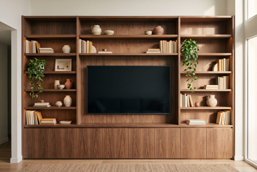 Pared con estantería de madera que enmarca el televisor y combina libros, cerámica y plantas