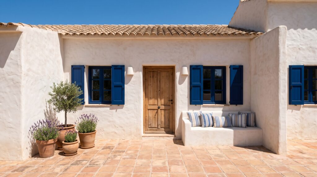 Casa de estilo mediterráneo pintada en blanco roto con puerta y contraventanas azul oscuro