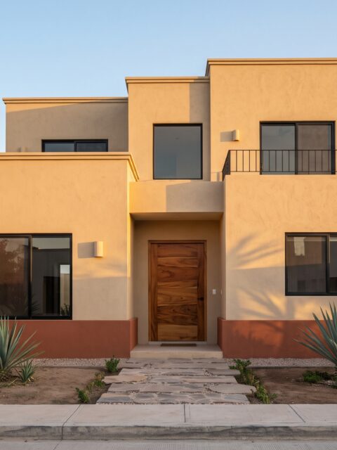 Fachada de casa de dos plantas pintada en color arena con carpinterías negras y puerta de madera