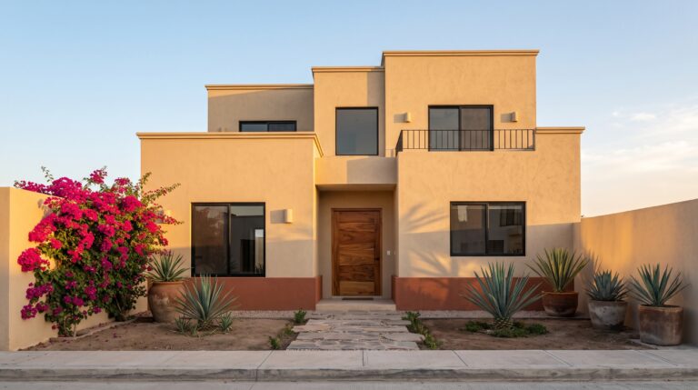 Fachada de casa de dos plantas pintada en color arena con carpinterías negras y puerta de madera