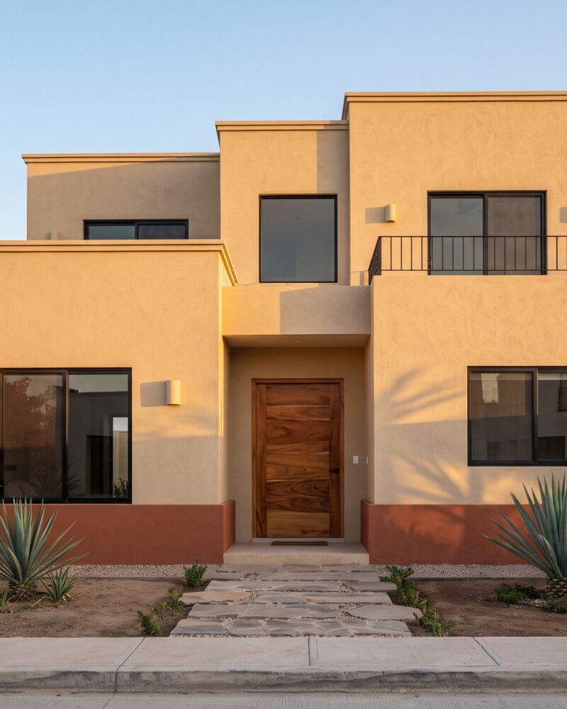 Fachada de casa de dos plantas pintada en color arena con carpinterías negras y puerta de madera