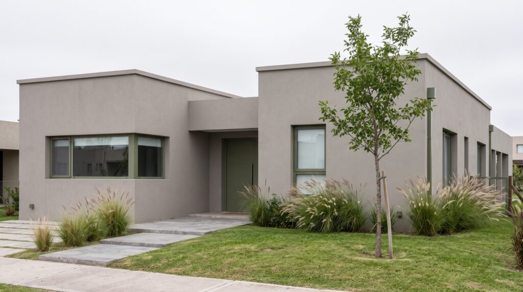 Casa moderna de una planta con muros gris cálido, carpinterías verde oliva y jardín delantero