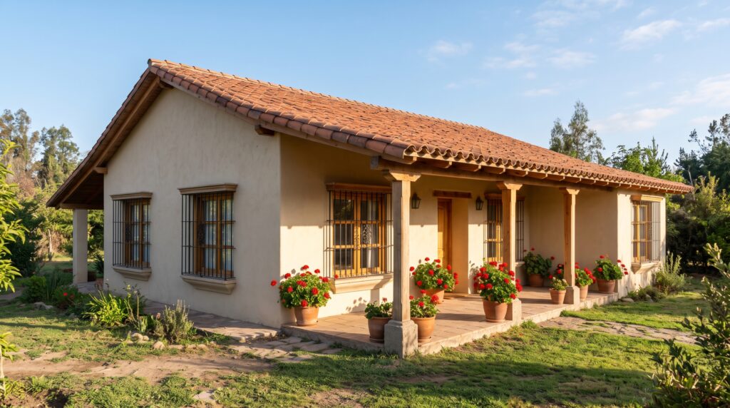 Fachada de casa con techo de teja roja, muros en color arena y carpinterías de madera natural