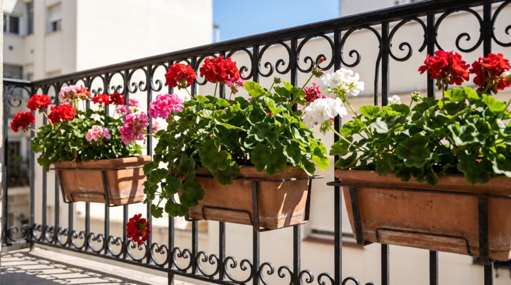 Balcón soleado con geranios rojos y rosas en jardineras colgadas de una baranda de hierro