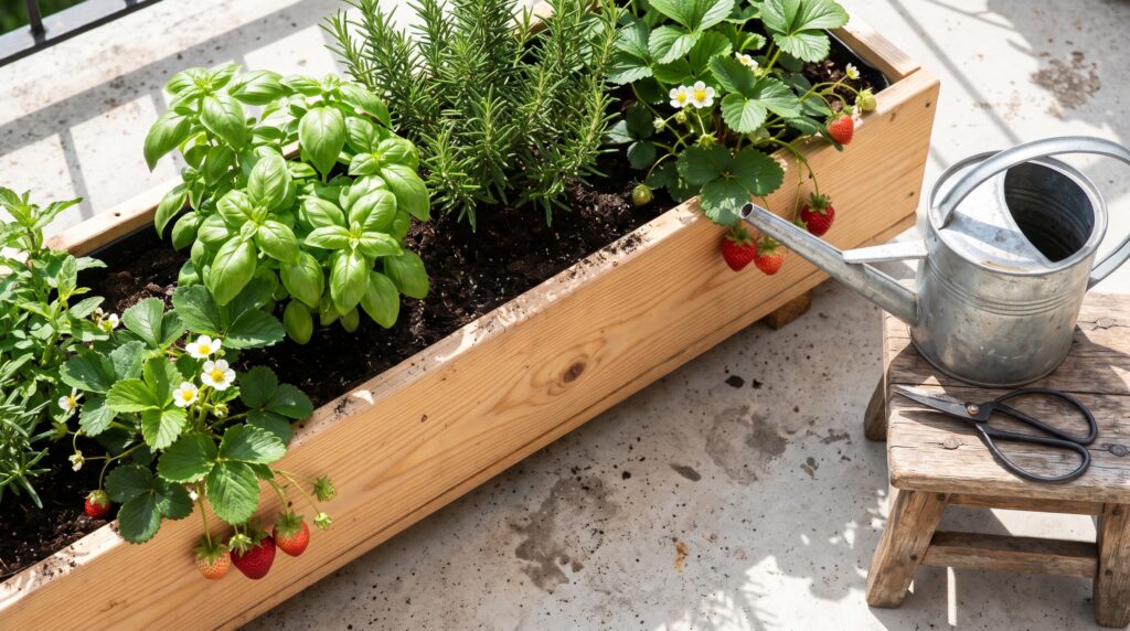 Jardinera de madera en un balcón con albahaca, romero y fresas en flor a pleno sol