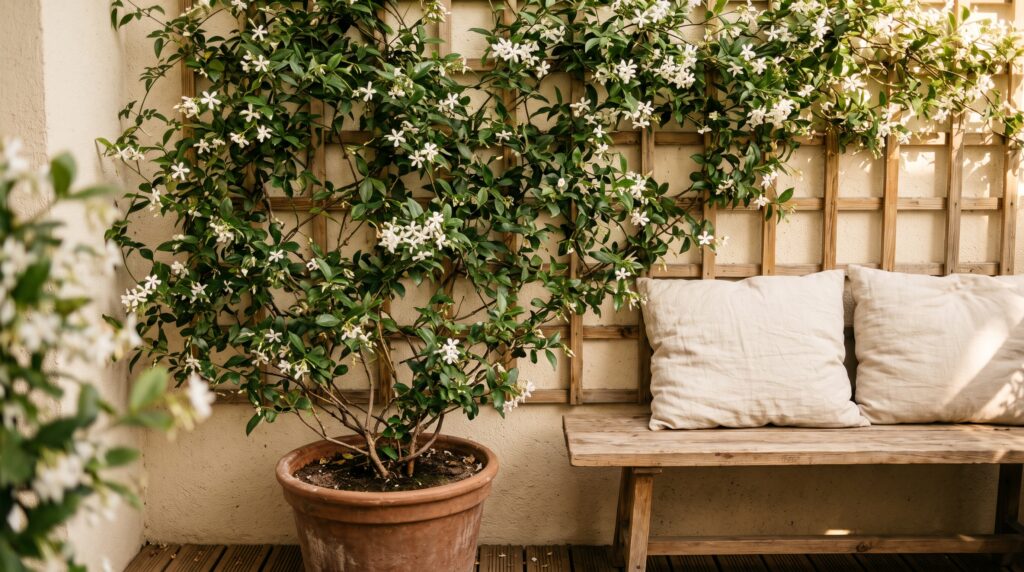 Jazmín trepador con flores blancas cubriendo un enrejado de madera en la pared de un balcón pequeño