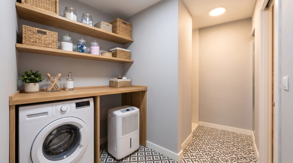 Lavandería pequeña junto al baño con lavadora, estante abierto y deshumidificador