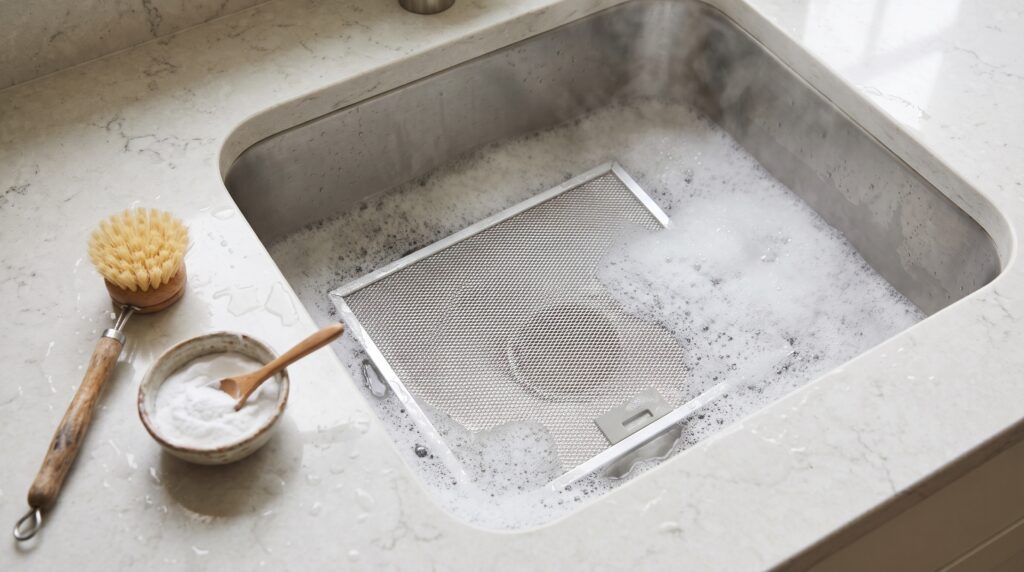 Filtro metálico de campana extractora en remojo en un fregadero con agua caliente y espuma