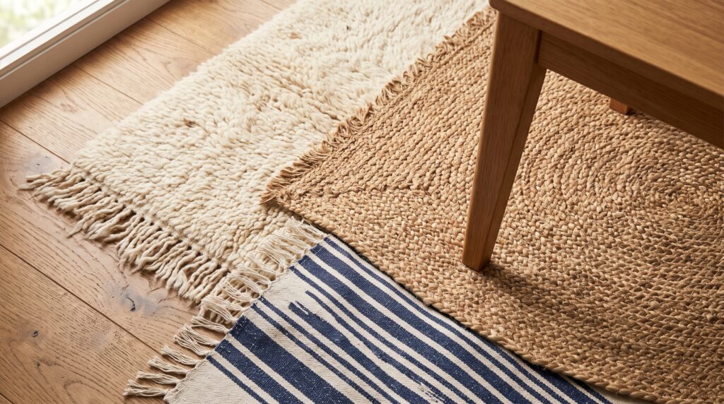 Detalle de tres alfombras superpuestas de lana, yute y algodón sobre piso de madera